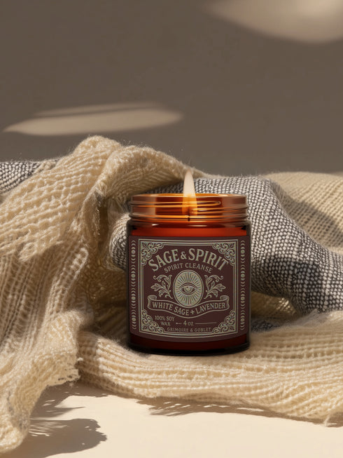 A high-quality studio photograph of the Grimoire & Goblet White Sage & Lavender candle. The 9 oz or 4 oz amber-colored glass jar is cylindrical with a smooth, black metal lid. The ornate, detailed label features the brand's name, 'Sage & Spirit,' an all-seeing eye, and the scent notes 'White Sage + Lavender.' The 100% soy wax blend and cotton wick are visible, crafted for a long-burning, clean, and elegant home fragrance. This piece of gothic home decor is a spiritual tool for energy cleansing.